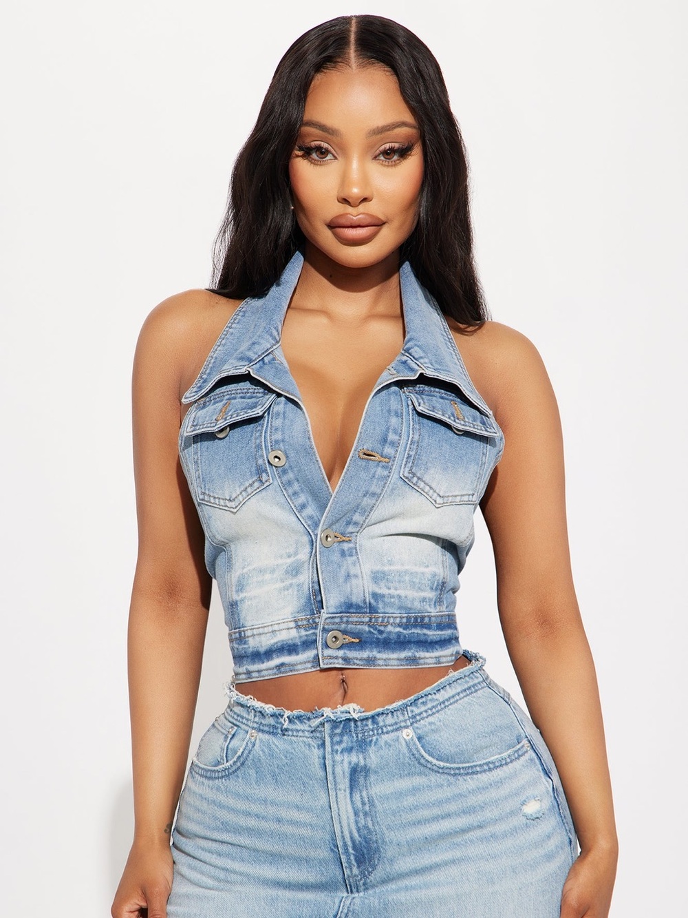 Fashion Nova Guilia Denim Halter Top S NWT